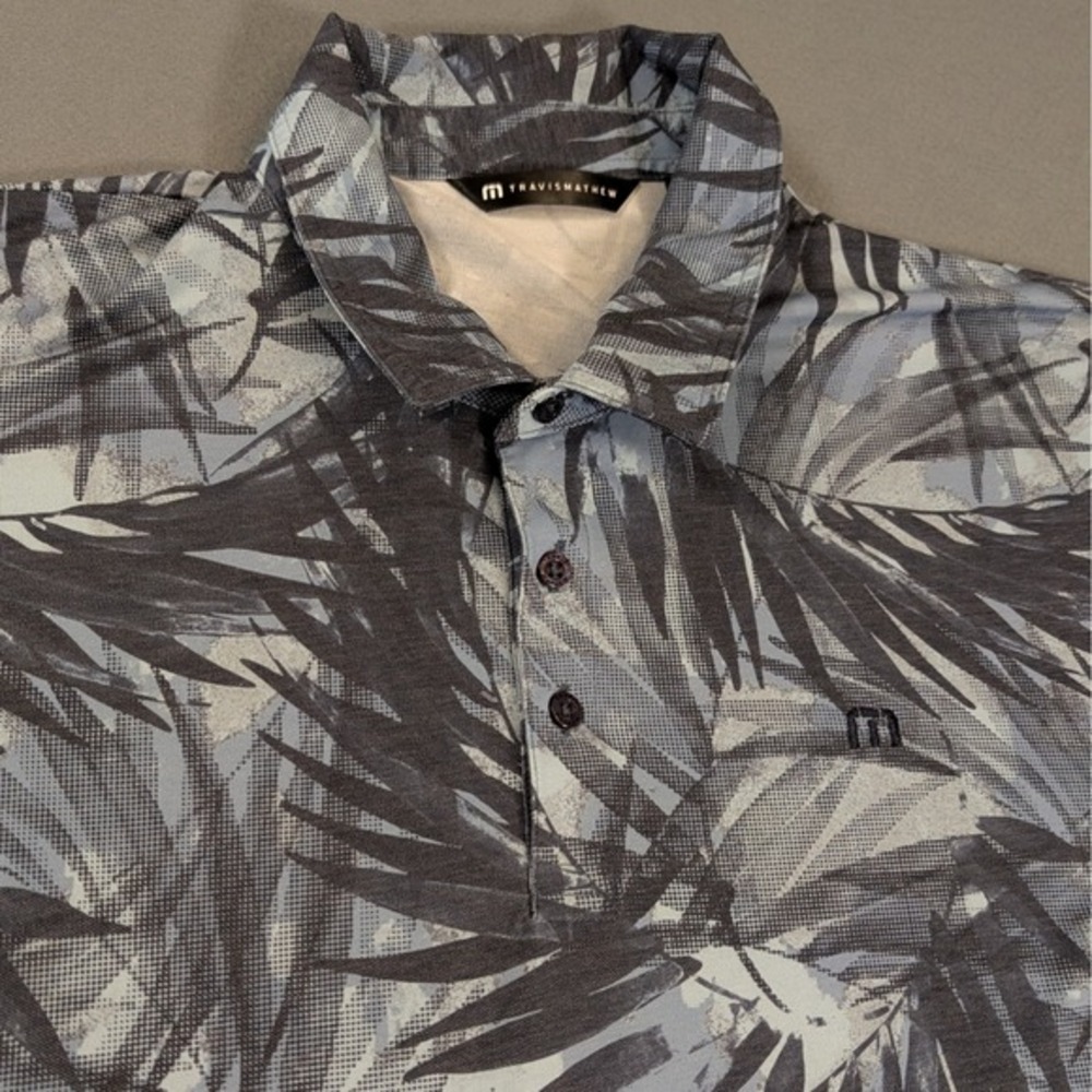Travis Mathew Polo Shirt Blue Gray Tropical Palm Leaf Print Golf Performance XXL